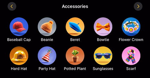 Apple Image Playground accessories: baseball cap, beanie, beret, bowtie, flower crown, hard hat, party hat, potted plant, sunglasses, scarf.
