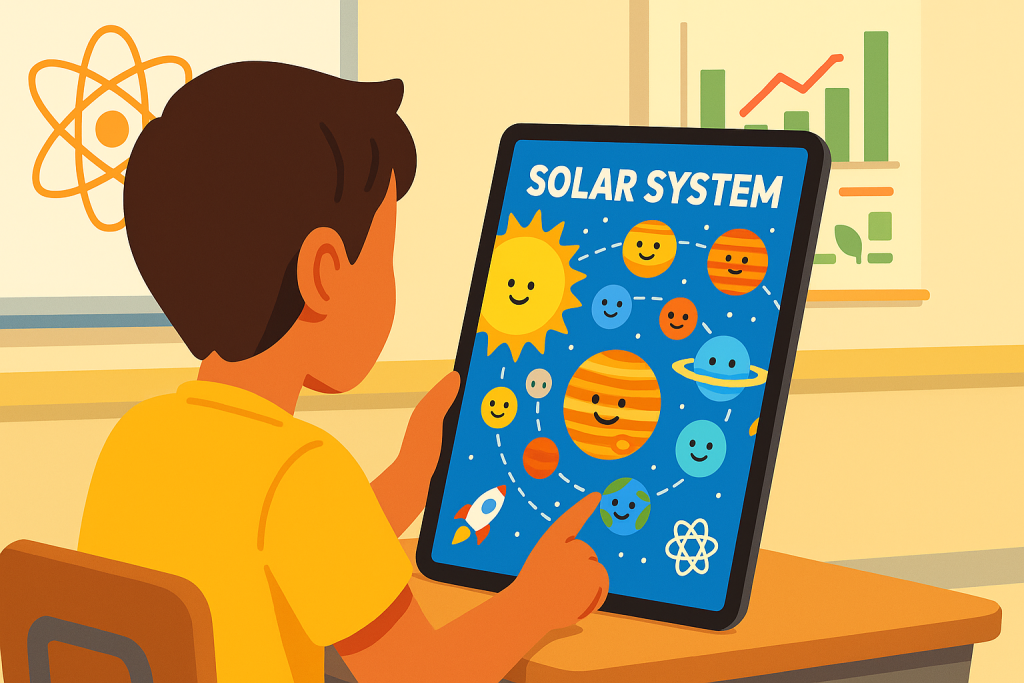Boy learning about the solar system on a tablet. "Solar System" is displayed on the screen.