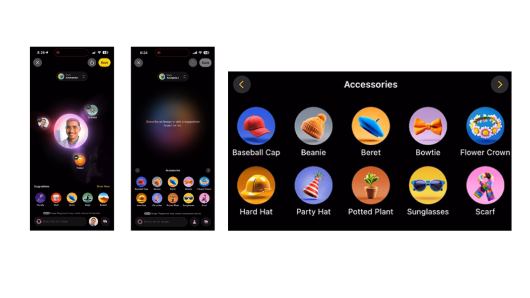 Apple Image Playground app interface showing various accessories like hats, bowties, and sunglasses to add to images.