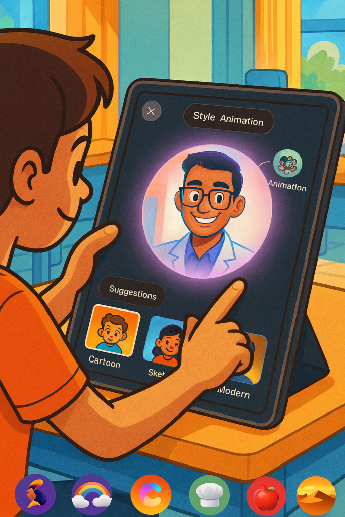 Boy using Apple app to change image style to animation. Style options include cartoon and modern.