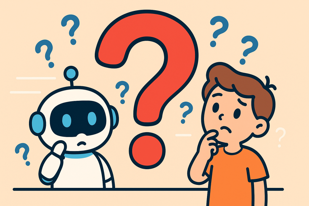 A boy and robot contemplate a large question mark, surrounded by smaller question marks. AI prompt injection concerns.