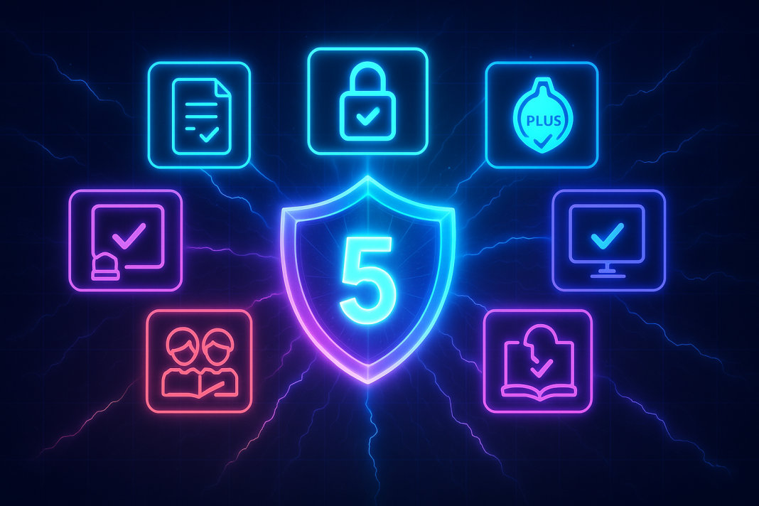 Infographic: 5 steps to protect against AI prompt injection. Shield with "5" surrounded by security icons.
