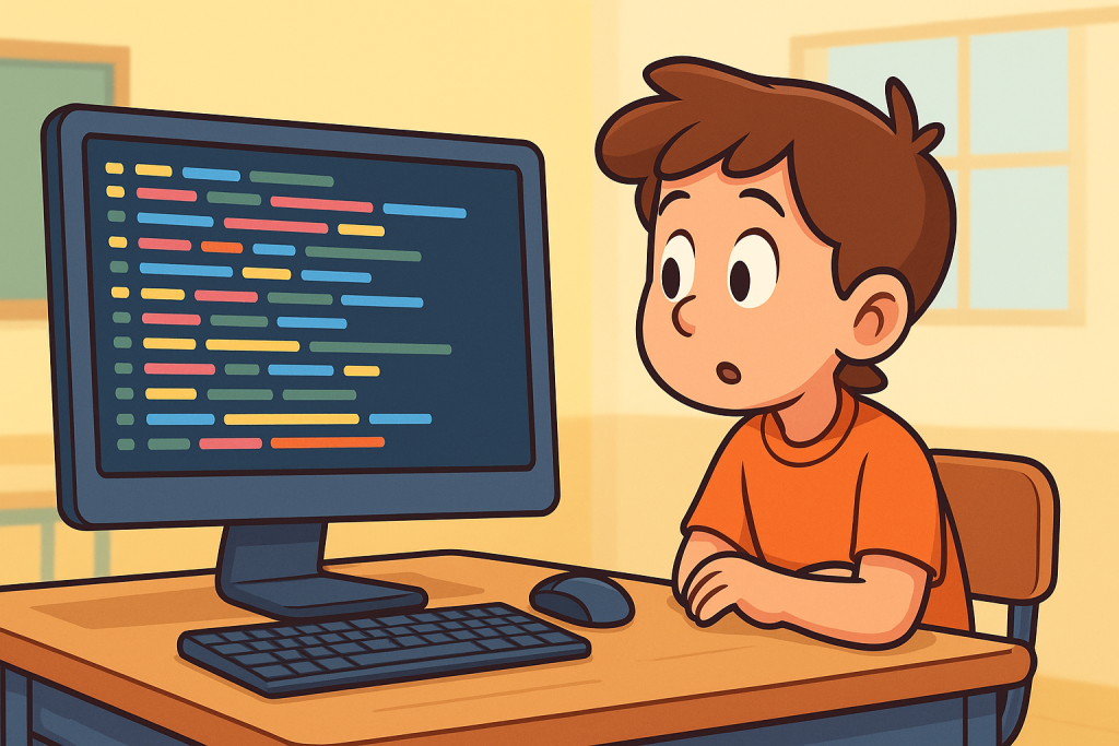Boy looking surprised at computer code, learning to avoid AI prompt injection.
