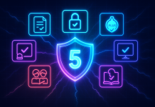 5 Langkah Bijak Hadapi Ancaman AI Prompt Injection Infographic: 5 steps to protect against AI prompt injection. Shield with "5" surrounded by security icons.