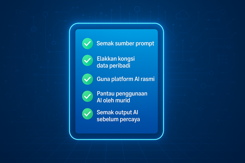 Checklist: 5 langkah bijak elak ancaman AI prompt injection. Tips termasuk semakan sumber prompt dan pantauan penggunaan AI.