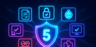 5 Langkah Bijak Hadapi Ancaman AI Prompt Injection Infographic: 5 steps to protect against AI prompt injection. Shield with "5" surrounded by security icons.