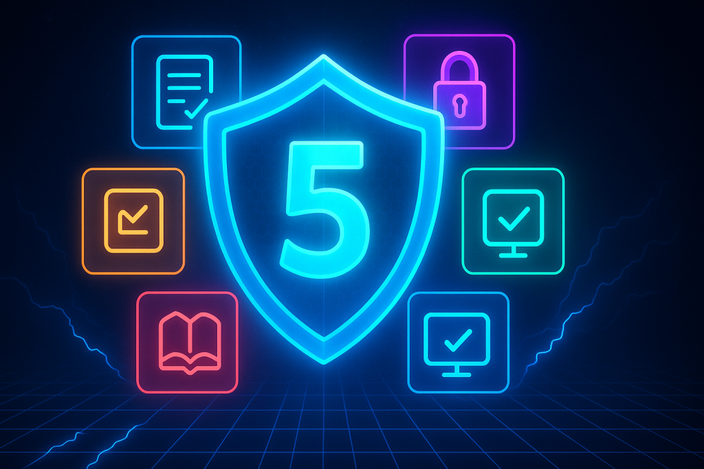 Neon graphic of a shield with the number 5, surrounded by security icons. Bijak hadapi ancaman AI.