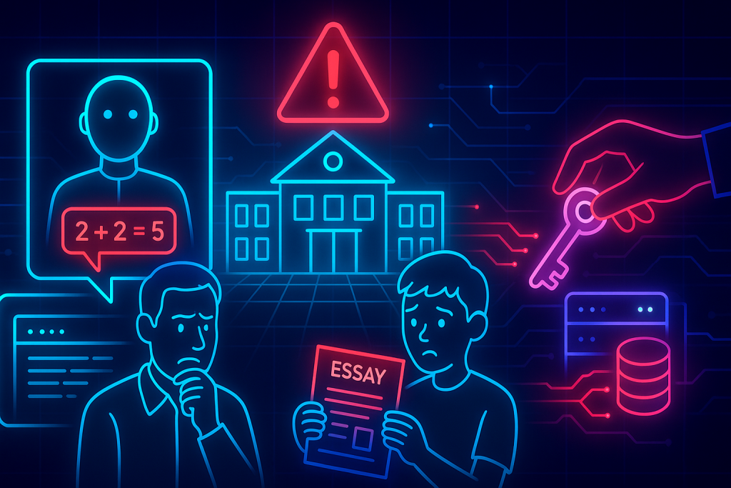 Illustration of AI prompt injection threat: students worry over AI-generated essay and incorrect math equation.