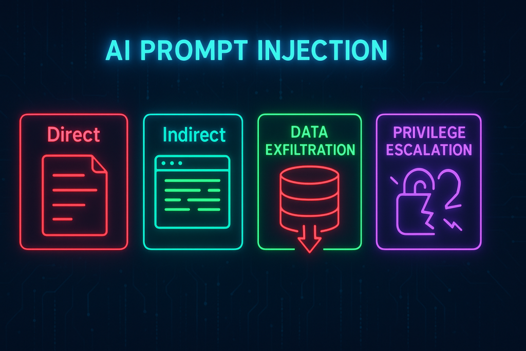 Infographic: AI prompt injection attack types—direct, indirect, data exfiltration, privilege escalation.