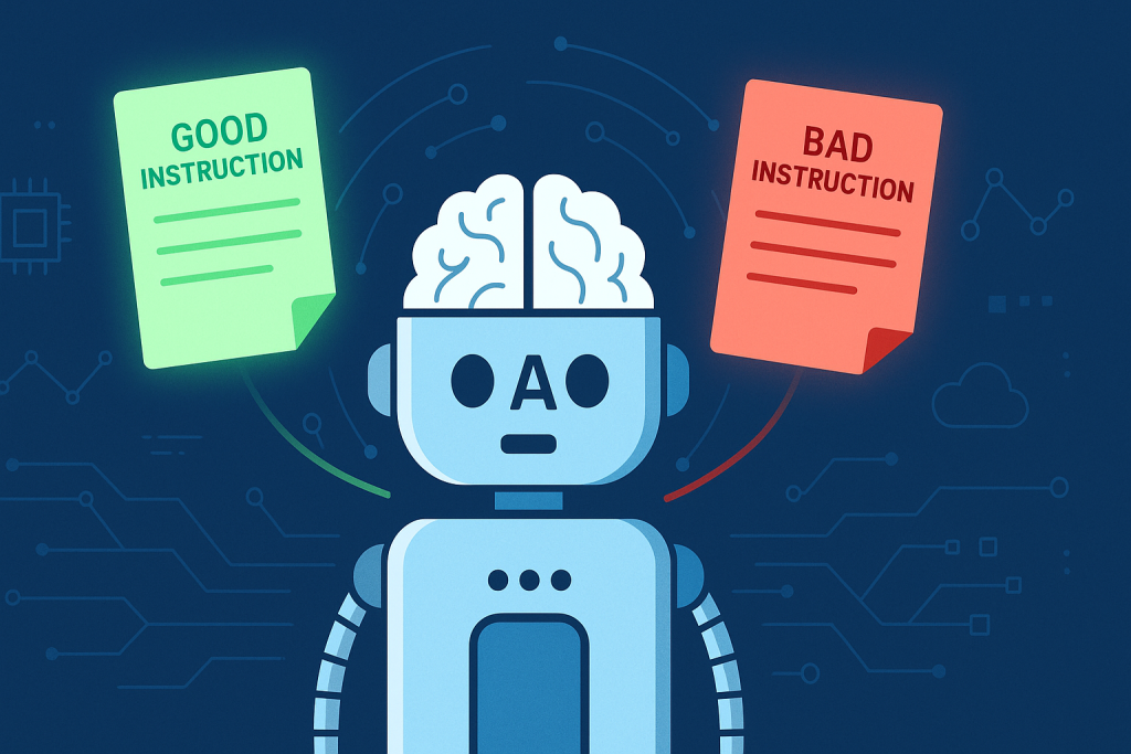 Robot receiving good and bad instructions; AI prompt injection risk.