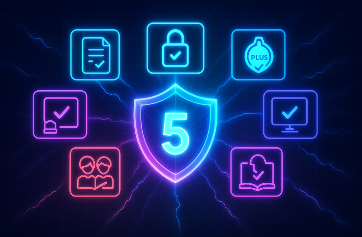 Infographic: 5 steps to protect against AI prompt injection. Shield with "5" surrounded by security icons.