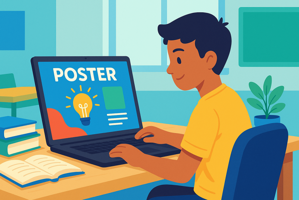 Boy working on a poster design on his laptop. "POSTER" is displayed on the screen.