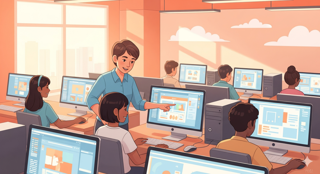 Teacher assisting students using computers in a classroom. Students are working on design projects.