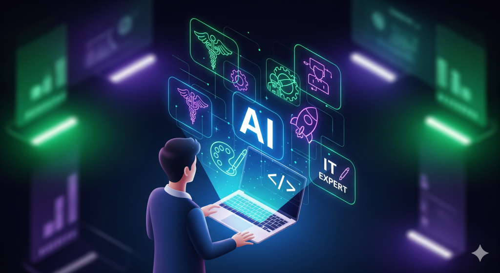 Person using laptop with AI icons; AI Class Asean program concept.