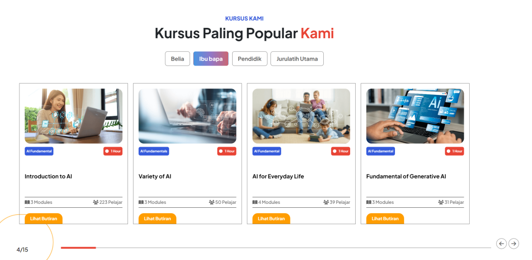 AI Ready ASEAN - Program Untuk Semua Kuasai AI Four online AI courses: Introduction to AI, Variety of AI, AI for Everyday Life, and Fundamental of Generative AI. Each shows duration and number of students.