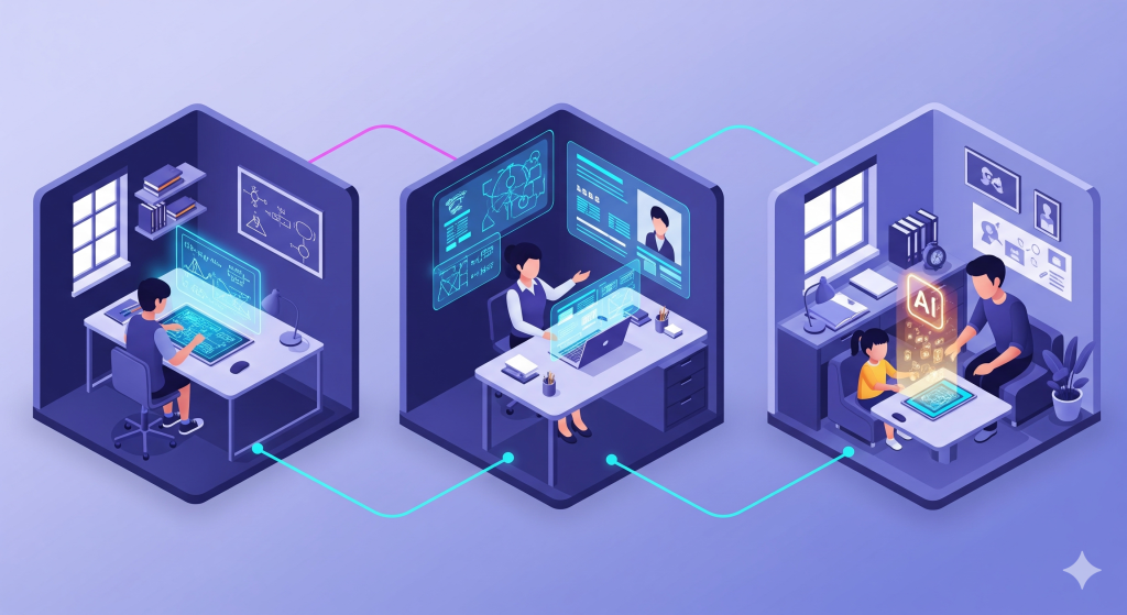 Isometric illustration of online AI learning: student, teacher, and child using AI technology. AI Class Asean program.