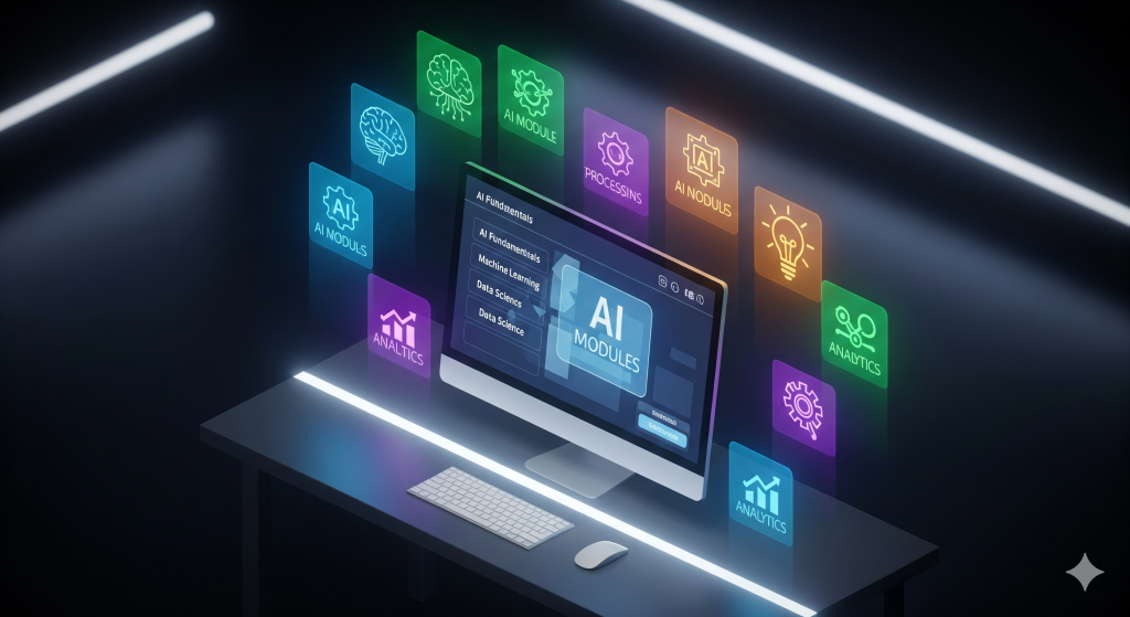 Computer screen displaying AI modules, including AI fundamentals, machine learning, and data science, alongside related icons. Learn AI with AI Ready ASEAN program.