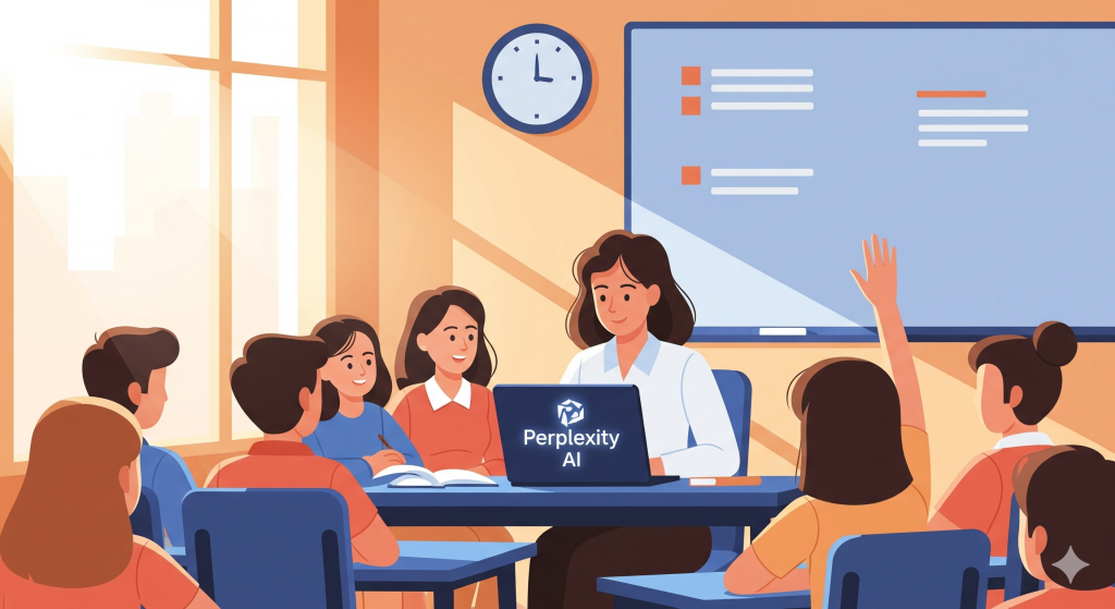 Teacher using Perplexity AI laptop in classroom with students