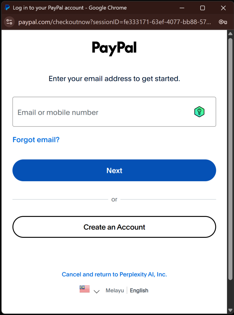 PayPal login page: Enter email or mobile number to get started. Create an account option also shown.