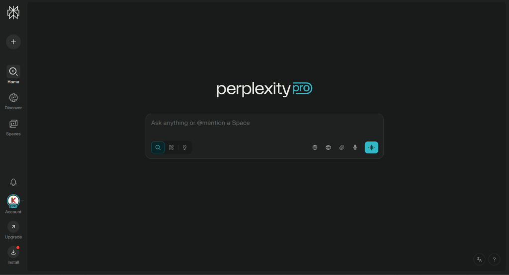 Perplexity Pro interface showing "Ask anything or @mention a Space" prompt.