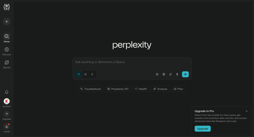 Perplexity AI interface showing options to upgrade to Pro account.