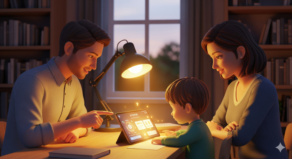 Family uses AI tutor app on tablet. Child learns with parents' guidance.