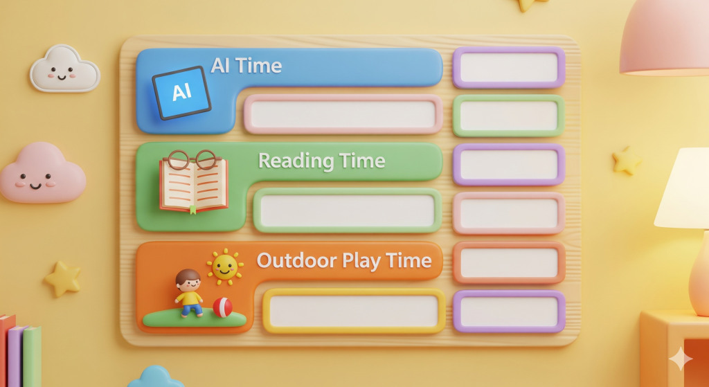 Colorful child's schedule showing AI time, reading time, and outdoor playtime. Blank spaces for daily activities.