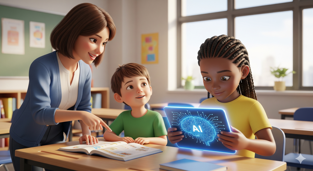Kesan AI pada Otak Manusia, Terutama Kanak-Kanak Teacher and students using AI learning tablet. AI's effect on children's brains.