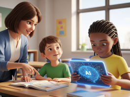 Teacher and students using AI learning tablet. AI's effect on children's brains.