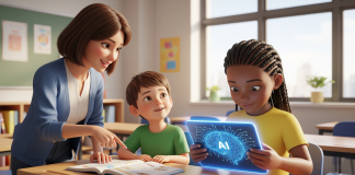 Kesan AI pada Otak Manusia, Terutama Kanak-Kanak Teacher and students using AI learning tablet. AI's effect on children's brains.
