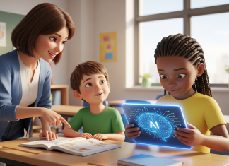 Kesan AI pada Otak Manusia, Terutama Kanak-Kanak Teacher and students using AI learning tablet. AI's effect on children's brains.