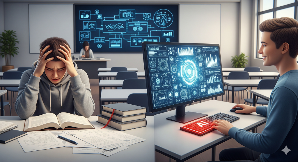 Stressed student vs. student using AI; impact of AI on human brain, especially children. AI keyboard shown.