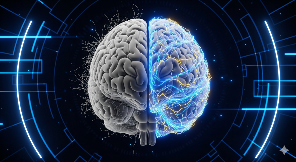 Human brain with AI neural network illustration on digital background