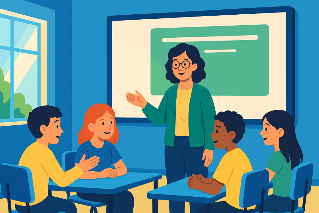 Teacher explaining 2027 school curriculum to students