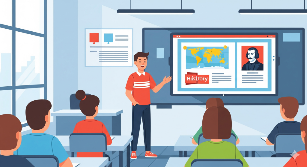 Teacher presenting a history lesson on a digital whiteboard to elementary school students. The whiteboard shows a world map and a historical figure.