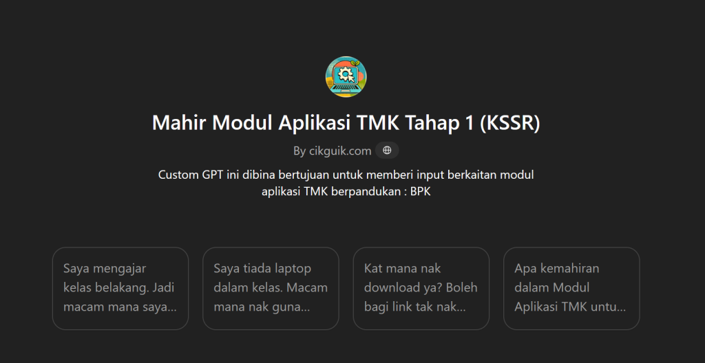Modul Aplikasi TMK Tahap 1 KSSR: Interface showing questions about TMK module implementation.