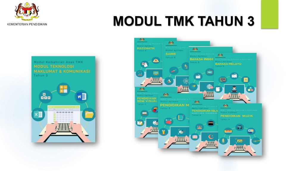 Modul TMK Tahun 3: Subjects including Mathematics, Science, Bahasa Melayu, Bahasa Inggeris, Pendidikan Seni Visual, Pendidikan Muzik, and Pendidikan Islam.