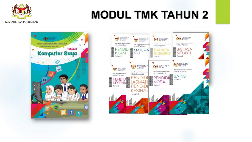 Modul TMK Tahun 2: Textbooks for Islamic Studies, Mathematics, English, Malay, Moral Studies, Health Education, and Science.