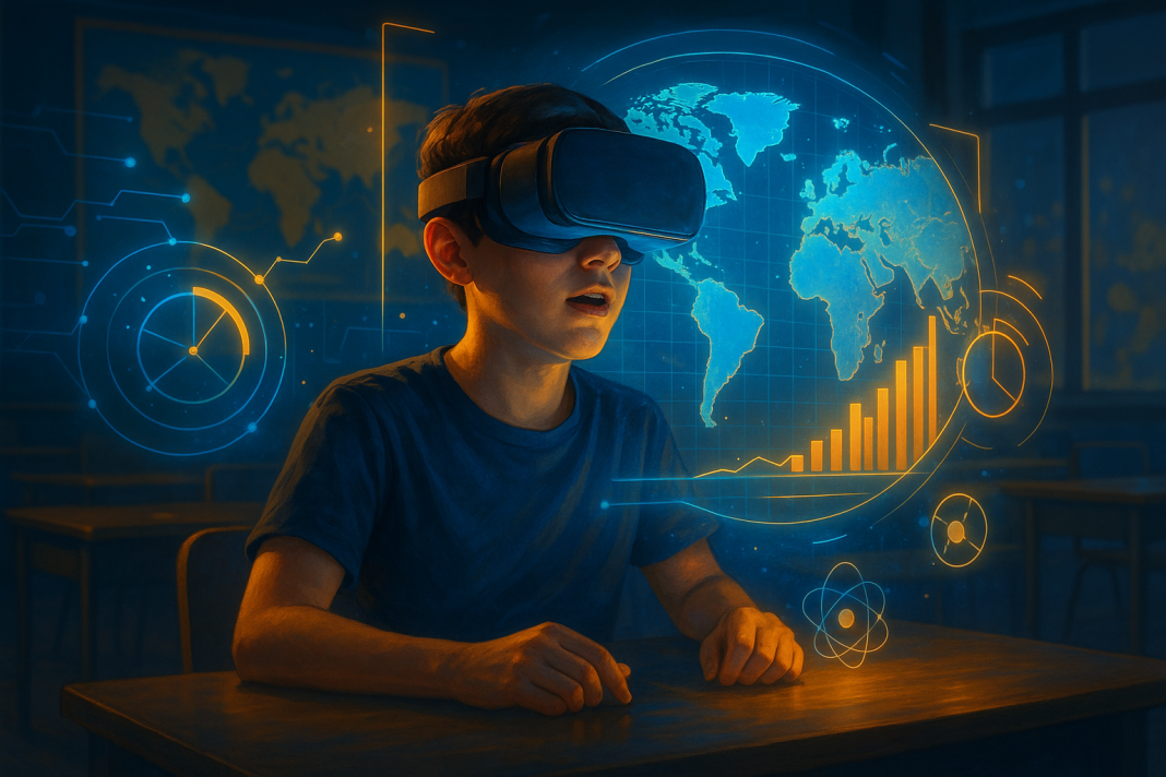 Perhebat Pembelajaran Imersif dengan AI di Bilik Darjah Pelajar memakai alat dengar VR, mempelajari pembelajaran imersif AI.