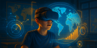 Perhebat Pembelajaran Imersif dengan AI di Bilik Darjah Pelajar memakai alat dengar VR, mempelajari pembelajaran imersif AI.