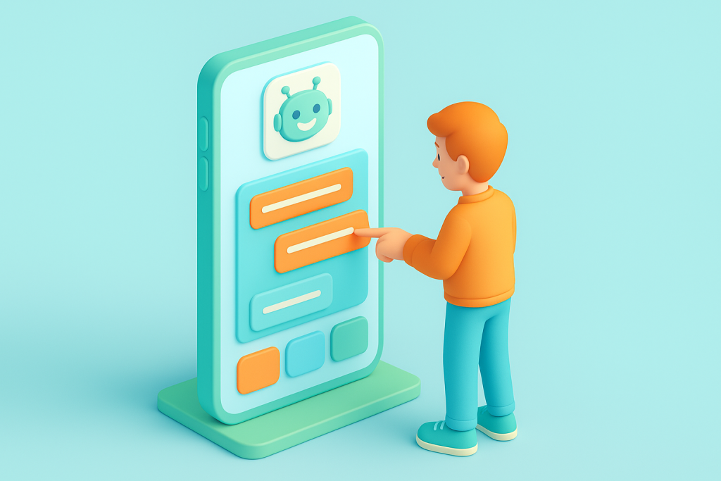 3D illustration: Person interacting with AI-powered immersive learning app