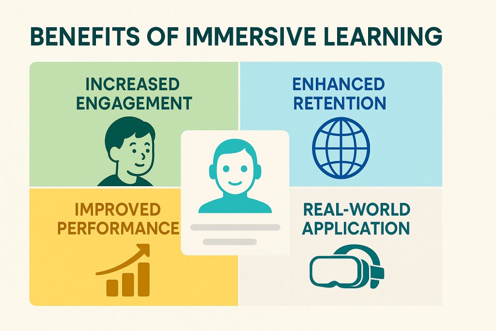 Infographic: Benefits of Immersive Learning with AI, including increased engagement, enhanced retention, improved performance, and real-world application.