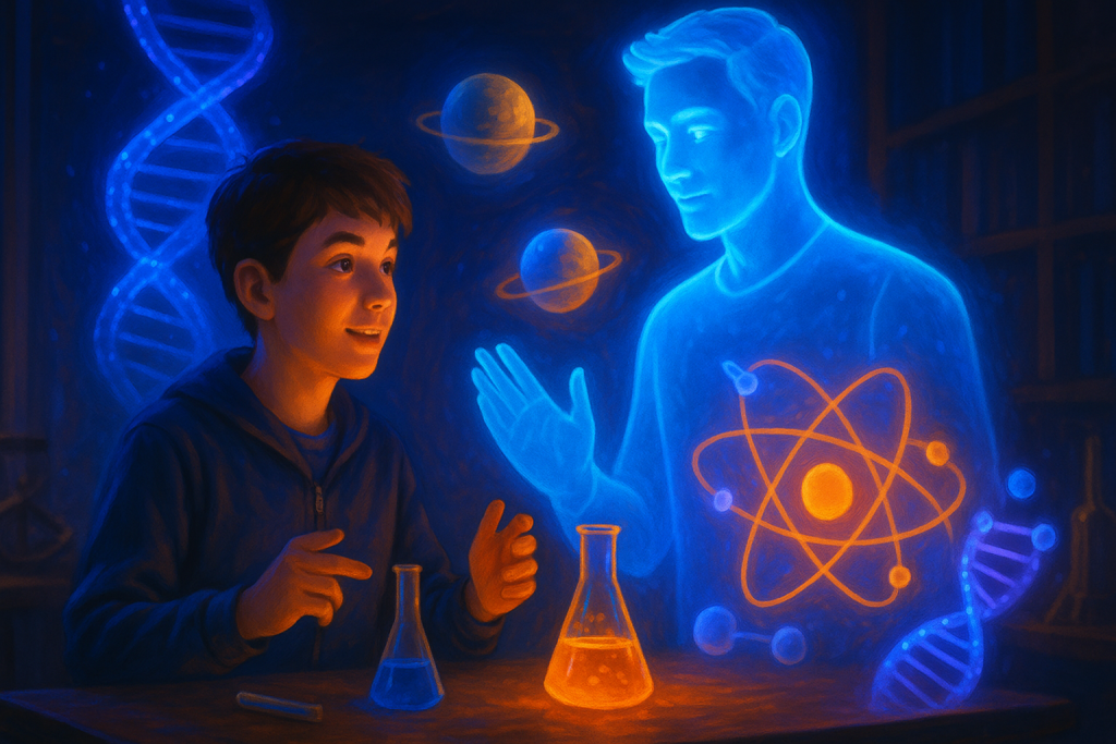 Boy learning immersive AI education, guided by a glowing holographic mentor.