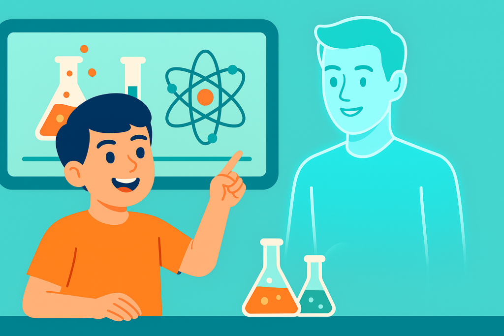 Boy learning science with AI tutor, immersive learning experience.