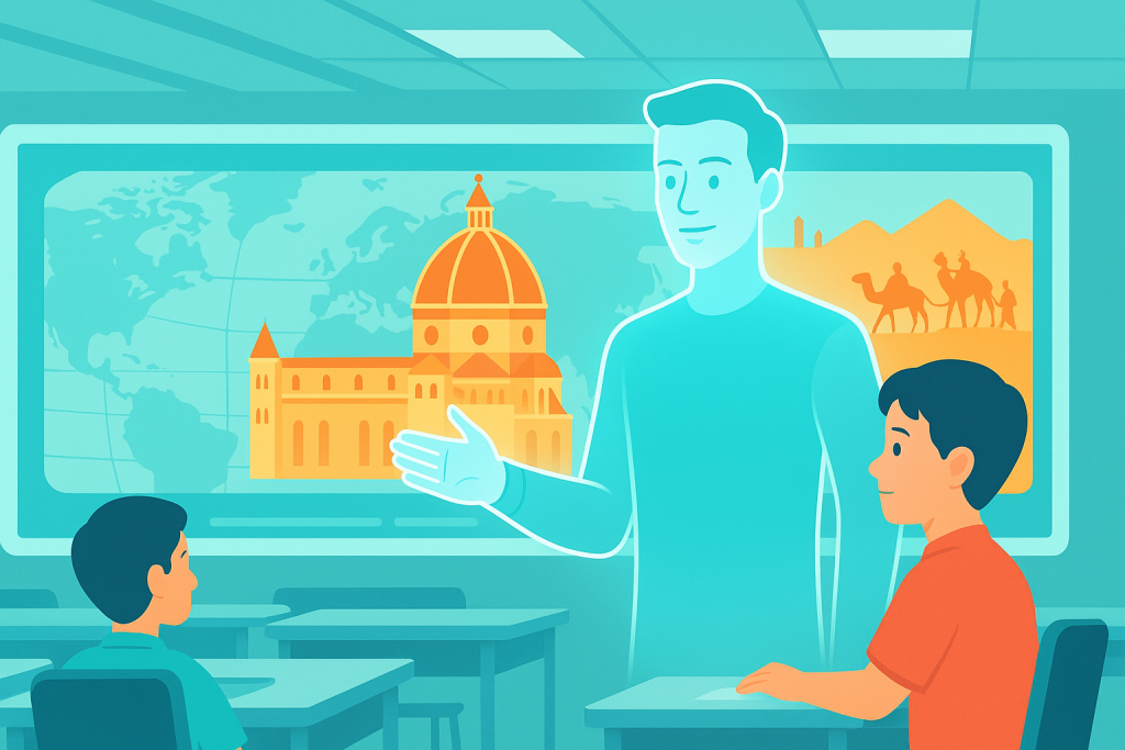 AI-powered immersive learning: Teacher and students engaged in a virtual classroom lesson.