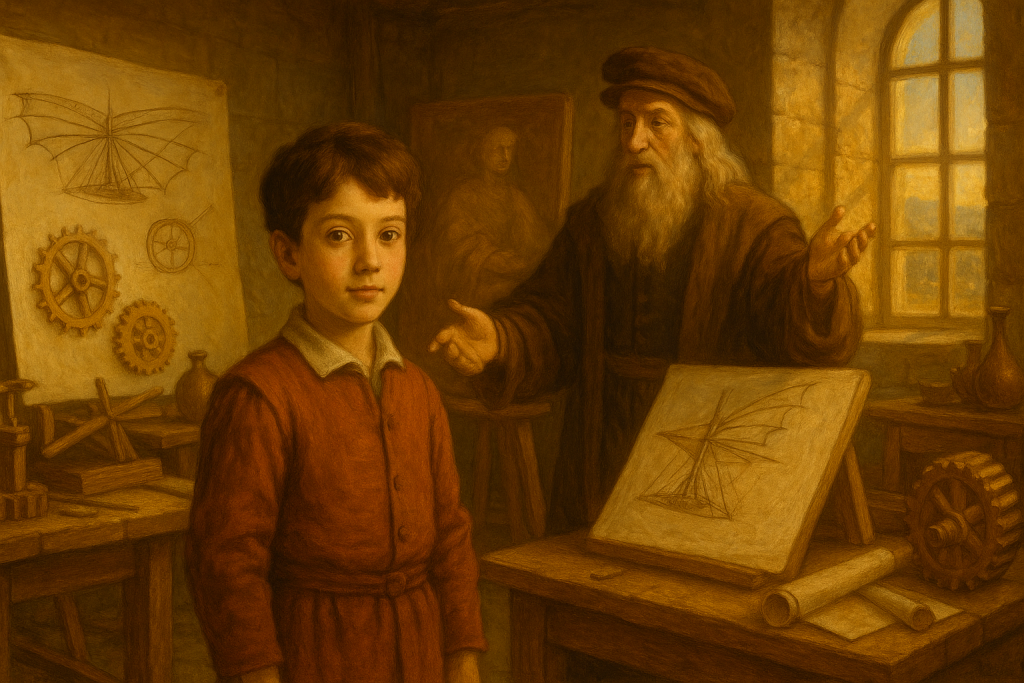An older man mentors a young boy in a workshop, showing him engineering drawings.
