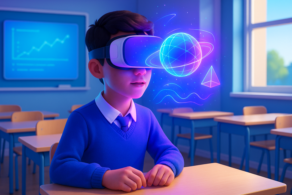 Boy in school using VR headset for immersive AI learning.