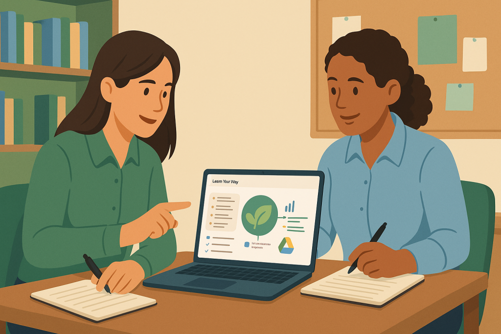 Two women working on a laptop displaying "Learn Your Way" interface, taking notes.