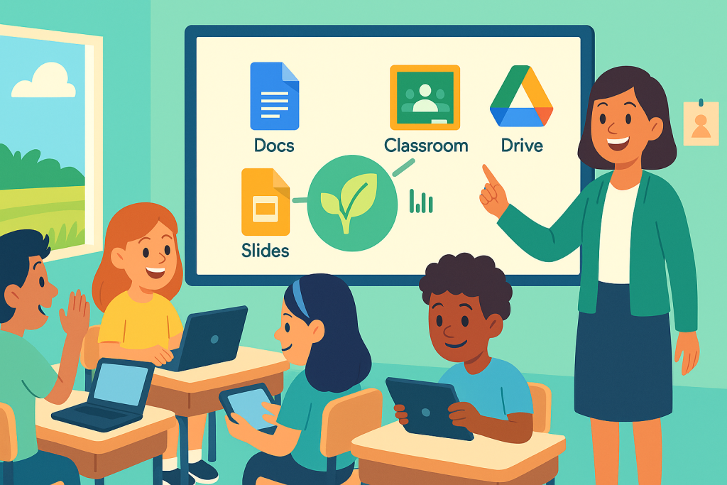 Teacher pointing at Google Apps: Docs, Classroom, Drive, Slides. Students use laptops and tablets.