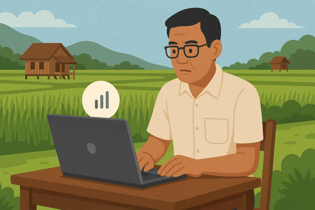 Man using a laptop with a weak internet signal in a rural setting.